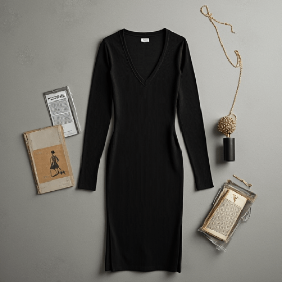 Women's V-Neck Long Sleeve Midi Dress