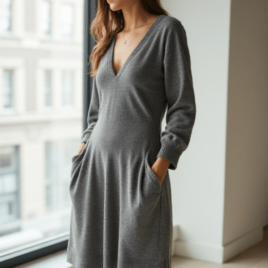 Women's Casual V-Neck Long Sleeve Dress