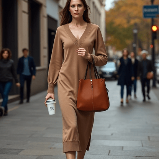 Women's Soft V-Neck Long Sleeve Dress